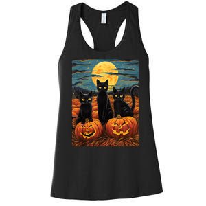 Black Cat Starry Night Van Gogh Funny Halloween Women's Racerback Tank