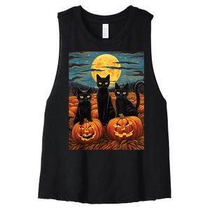 Black Cat Starry Night Van Gogh Funny Halloween Women's Racerback Cropped Tank