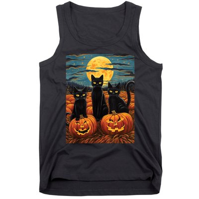 Black Cat Starry Night Van Gogh Funny Halloween Tank Top