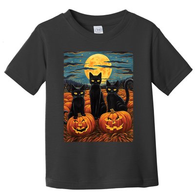 Black Cat Starry Night Van Gogh Funny Halloween Toddler T-Shirt