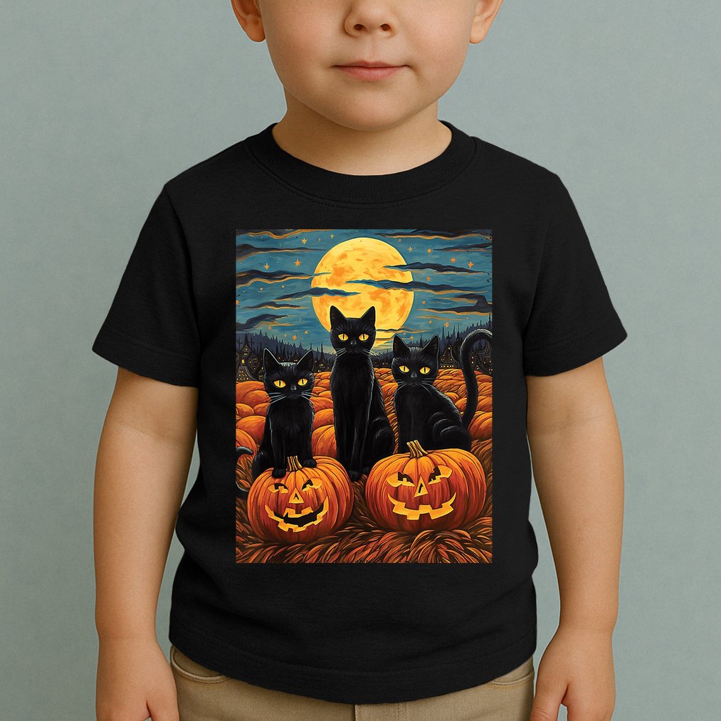 Black Cat Starry Night Van Gogh Funny Halloween Toddler T-Shirt