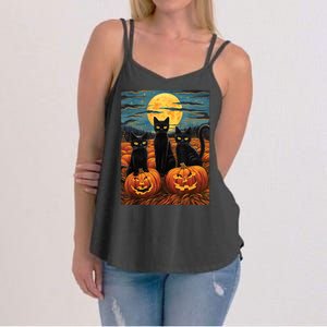 Black Cat Starry Night Van Gogh Funny Halloween Women's Strappy Tank