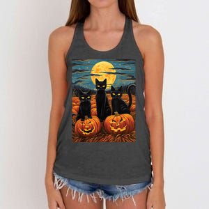 Black Cat Starry Night Van Gogh Funny Halloween Women's Knotted Racerback Tank