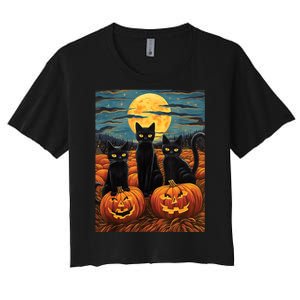 Black Cat Starry Night Van Gogh Funny Halloween Women's Crop Top Tee