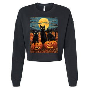 Black Cat Starry Night Van Gogh Funny Halloween Cropped Pullover Crew