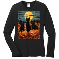 Black Cat Starry Night Van Gogh Funny Halloween Ladies Long Sleeve Shirt