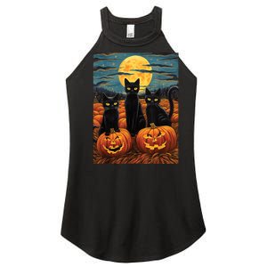 Black Cat Starry Night Van Gogh Funny Halloween Women's Perfect Tri Rocker Tank