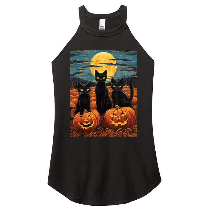 Black Cat Starry Night Van Gogh Funny Halloween Women's Perfect Tri Rocker Tank