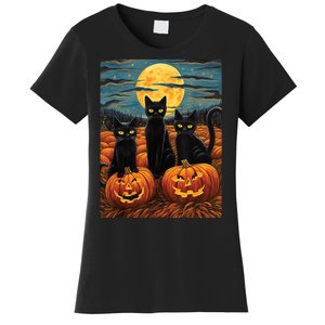 Black Cat Starry Night Van Gogh Funny Halloween Women's T-Shirt