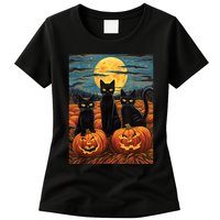 Black Cat Starry Night Van Gogh Funny Halloween Womens T-Shirt