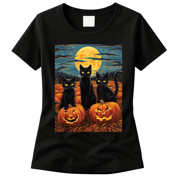 Black Cat Starry Night Van Gogh Funny Halloween Womens T-Shirt