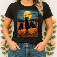 Black Cat Starry Night Van Gogh Funny Halloween Womens T-Shirt