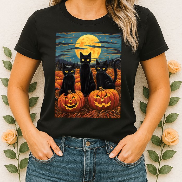 Black Cat Starry Night Van Gogh Funny Halloween Womens T-Shirt