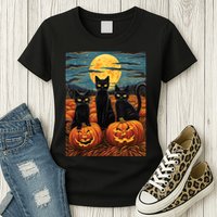 Black Cat Starry Night Van Gogh Funny Halloween Womens T-Shirt