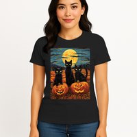 Black Cat Starry Night Van Gogh Funny Halloween Womens T-Shirt