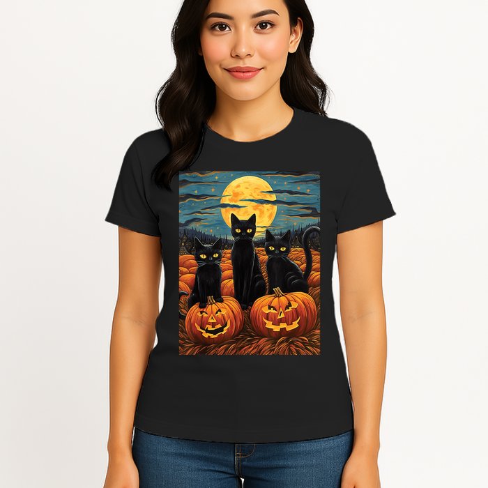 Black Cat Starry Night Van Gogh Funny Halloween Womens T-Shirt