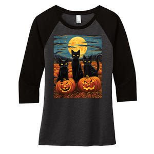 Black Cat Starry Night Van Gogh Funny Halloween Women's Tri-Blend 3/4-Sleeve Raglan Shirt