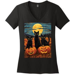 Black Cat Starry Night Van Gogh Funny Halloween Women's V-Neck T-Shirt