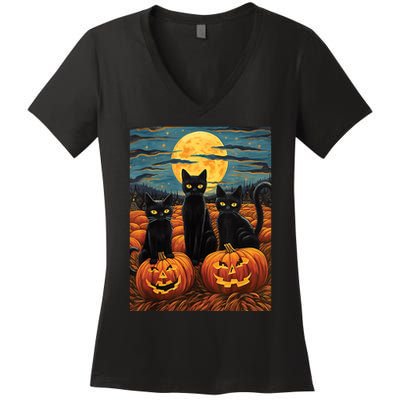 Black Cat Starry Night Van Gogh Funny Halloween Women's V-Neck T-Shirt
