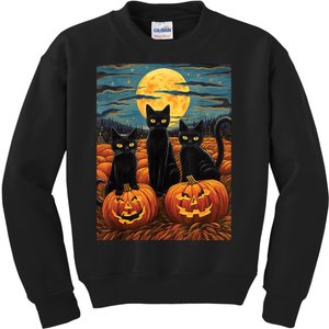 Black Cat Starry Night Van Gogh Funny Halloween Kids Sweatshirt