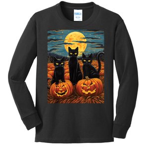 Black Cat Starry Night Van Gogh Funny Halloween Kids Long Sleeve Shirt