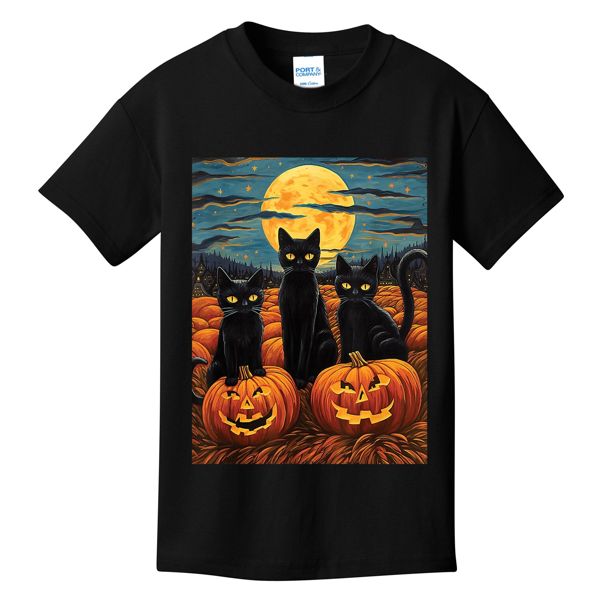 Black Cat Starry Night Van Gogh Funny Halloween Kids T-Shirt