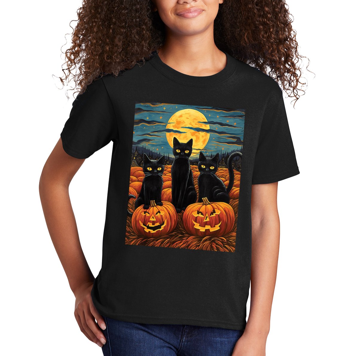 Black Cat Starry Night Van Gogh Funny Halloween Kids T-Shirt