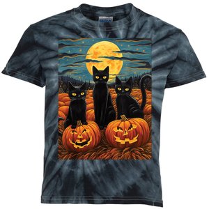 Black Cat Starry Night Van Gogh Funny Halloween Kids Tie-Dye T-Shirt