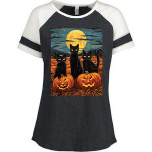 Black Cat Starry Night Van Gogh Funny Halloween Enza Ladies Jersey Colorblock Tee