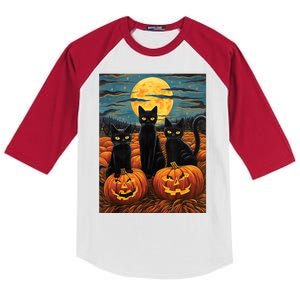 Black Cat Starry Night Van Gogh Funny Halloween Kids Colorblock Raglan Jersey