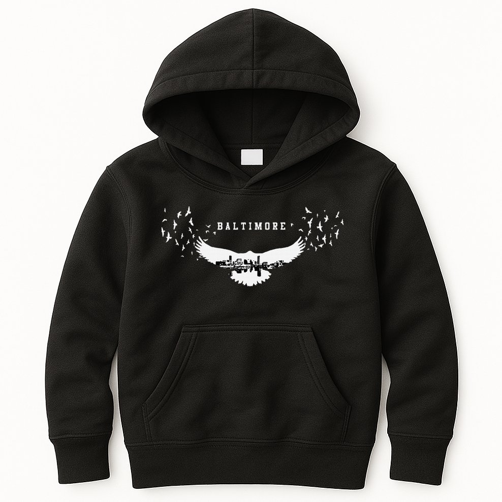 Baltimore City Skyline Inside Raven Silhouette Kids Hoodie