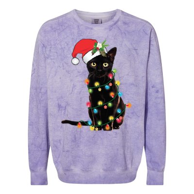 Black Cat Santa Tangled Up In Christmas Lights Colorblast Crewneck Sweatshirt