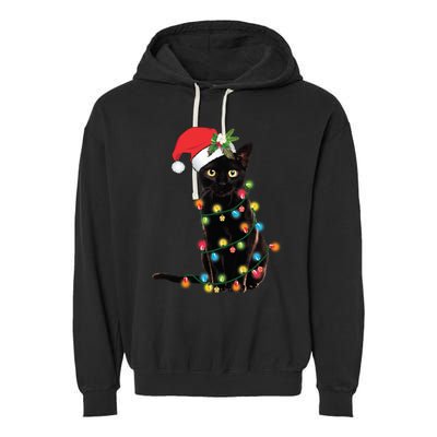 Black Cat Santa Tangled Up In Christmas Lights Garment-Dyed Fleece Hoodie