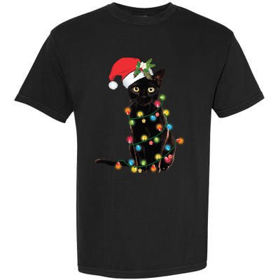 Black Cat Santa Tangled Up In Christmas Lights Garment-Dyed Heavyweight T-Shirt