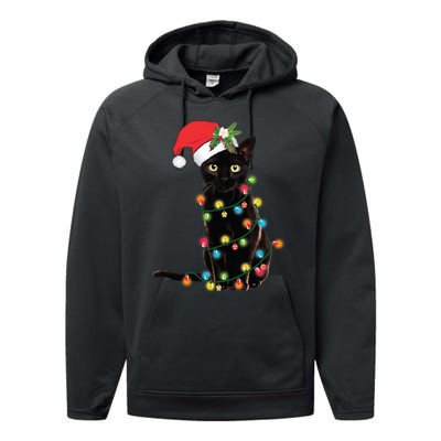 Black Cat Santa Tangled Up In Christmas Lights Performance Fleece Hoodie