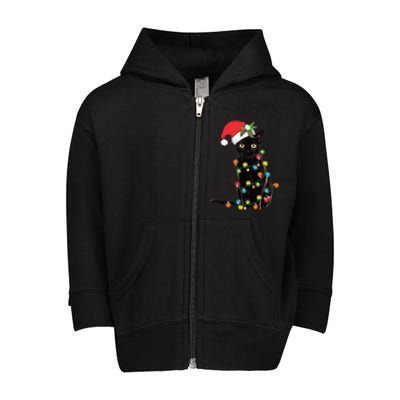 Black Cat Santa Tangled Up In Christmas Lights Toddler Zip Fleece Hoodie