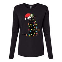 Black Cat Santa Tangled Up In Christmas Lights Womens Cotton Relaxed Long Sleeve T-Shirt