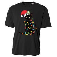 Black Cat Santa Tangled Up In Christmas Lights Cooling Performance Crew T-Shirt