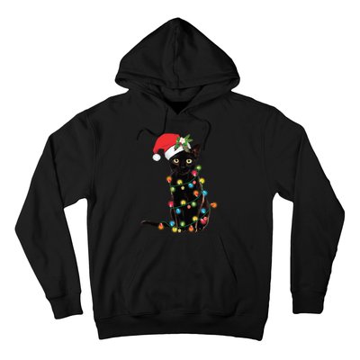 Black Cat Santa Tangled Up In Christmas Lights Hoodie