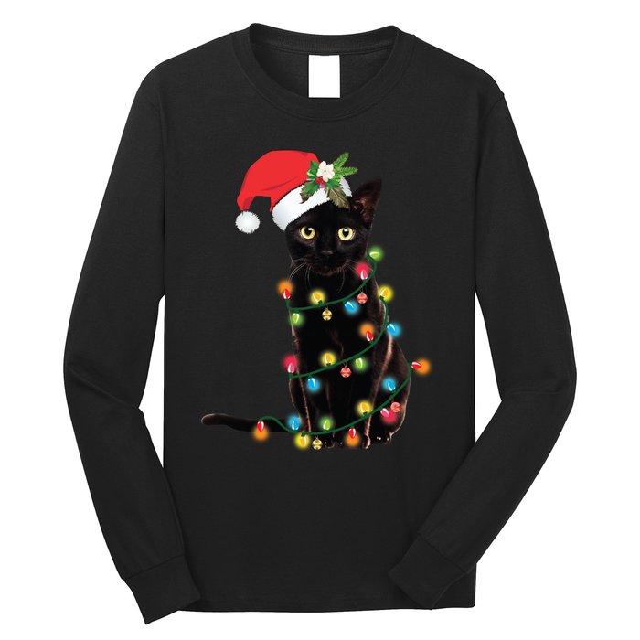 Black Cat Santa Tangled Up In Christmas Lights Long Sleeve Shirt