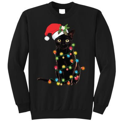 Black Cat Santa Tangled Up In Christmas Lights Sweatshirt