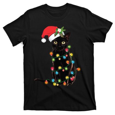 Black Cat Santa Tangled Up In Christmas Lights T-Shirt