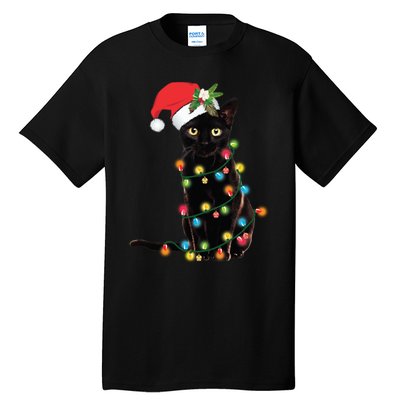 Black Cat Santa Tangled Up In Christmas Lights Tall T-Shirt