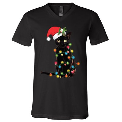 Black Cat Santa Tangled Up In Christmas Lights V-Neck T-Shirt