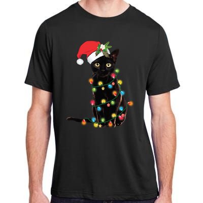 Black Cat Santa Tangled Up In Christmas Lights Adult ChromaSoft Performance T-Shirt