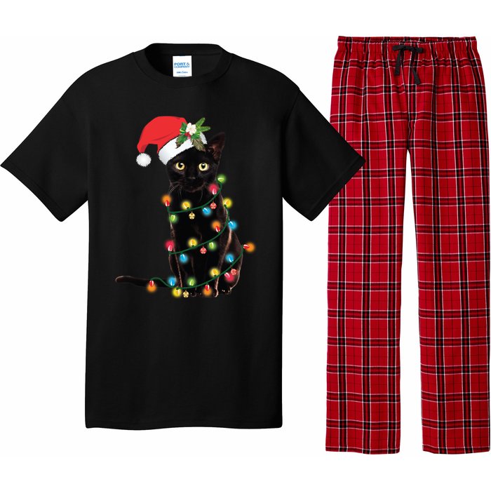 Black Cat Santa Tangled Up In Christmas Lights Pajama Set