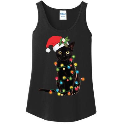 Black Cat Santa Tangled Up In Christmas Lights Ladies Essential Tank