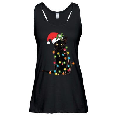 Black Cat Santa Tangled Up In Christmas Lights Ladies Essential Flowy Tank