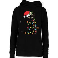 Black Cat Santa Tangled Up In Christmas Lights Womens Funnel Neck Pullover Hood