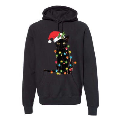 Black Cat Santa Tangled Up In Christmas Lights Premium Hoodie